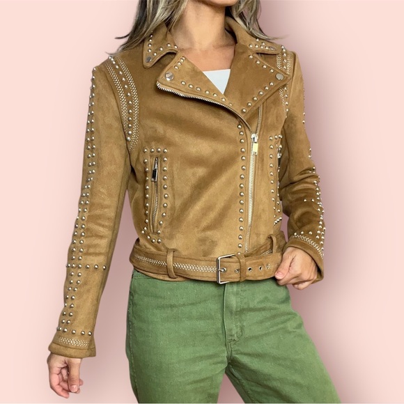 Zara Camel Studded Western Suede Moto Biker Jacket, Small - Picture 3 of 8